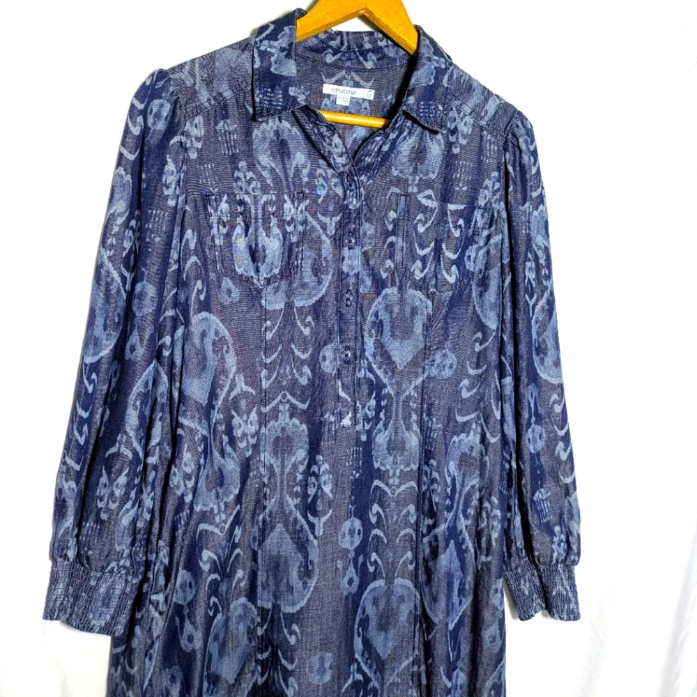 Chico’s Women’s‎ Blue Teaneck Ikat Print Maxi Shirt Dress, Comfy, Casual Sz 4P